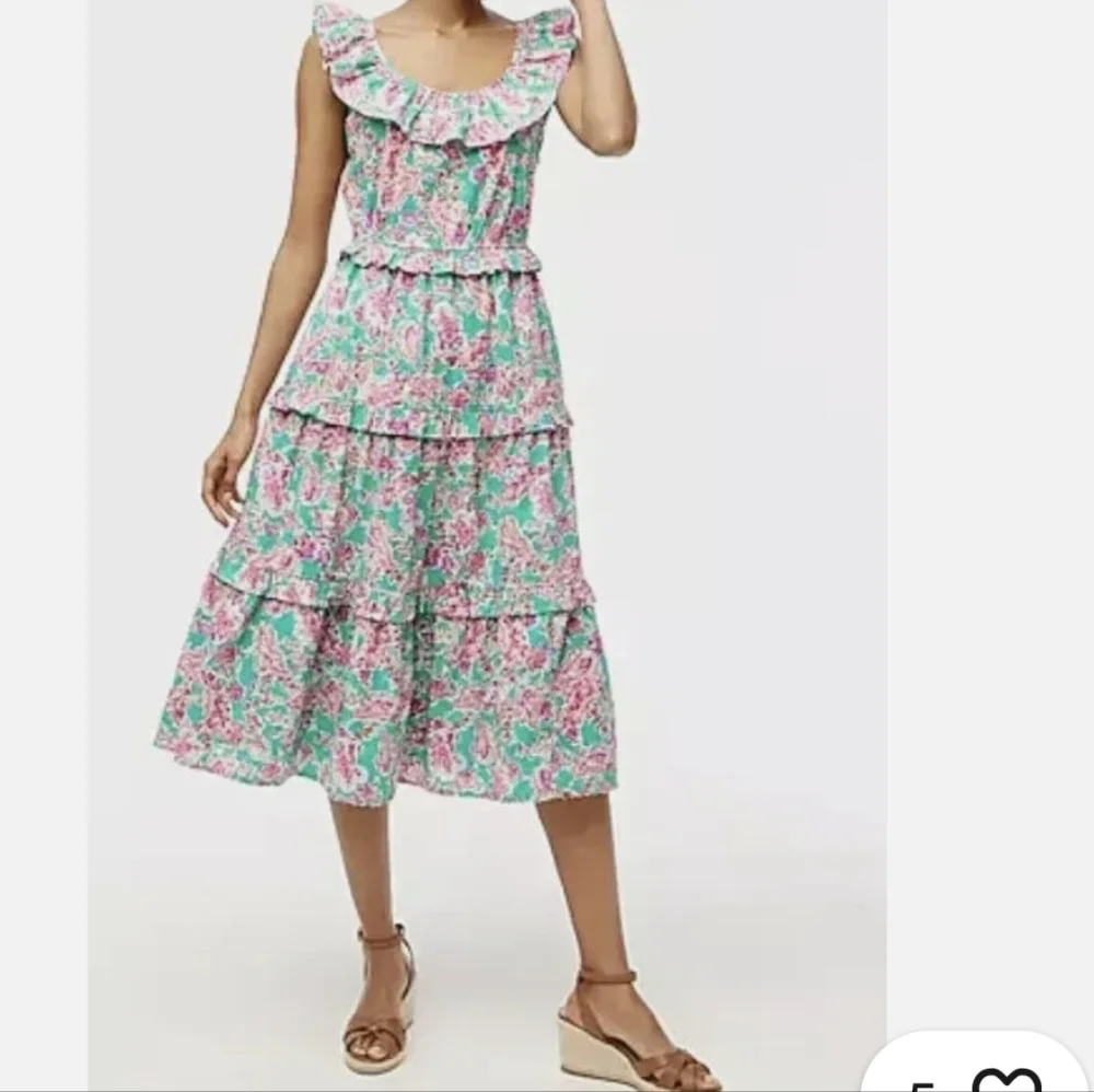 J. Crew Green Floral Swiss Dot Ruffle Tiered Midi Dress Cotton 00